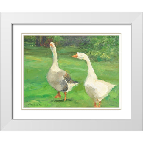Geese Stroll White Modern Wood Framed Art Print with Double Matting by Stevens, Allayn