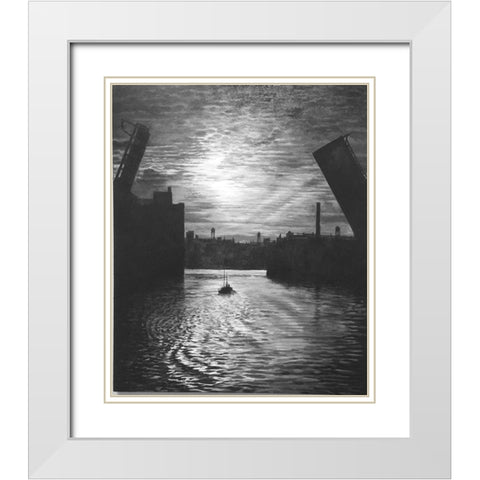 Sunset Bridge White Modern Wood Framed Art Print with Double Matting by Gipe, Lawernce