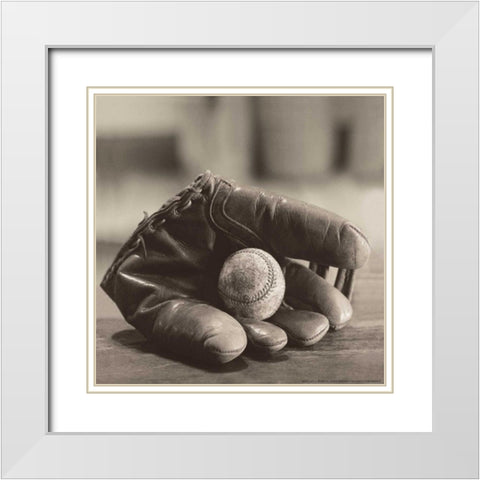 Ball In Mitt White Modern Wood Framed Art Print with Double Matting by Messer, Judy B.