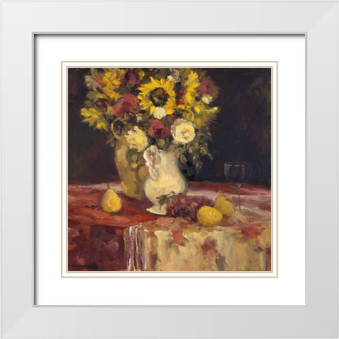 Sunflowers And Wine White Modern Wood Framed Art Print with Double Matting by Stevens, Allayn