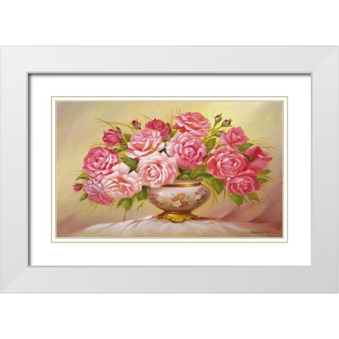 Pink Roses White Modern Wood Framed Art Print with Double Matting by Dvoretskiy, Petrovich