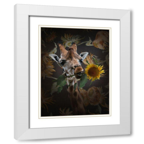 Giraf Met Bloem White Modern Wood Framed Art Print with Double Matting by Babette
