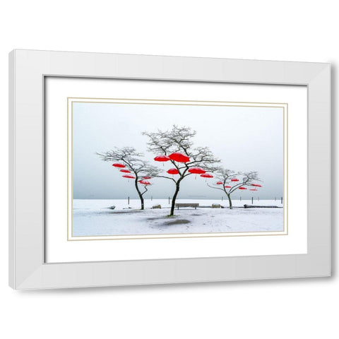 Red Umbrellas White Modern Wood Framed Art Print with Double Matting by Kostka, Vladimir