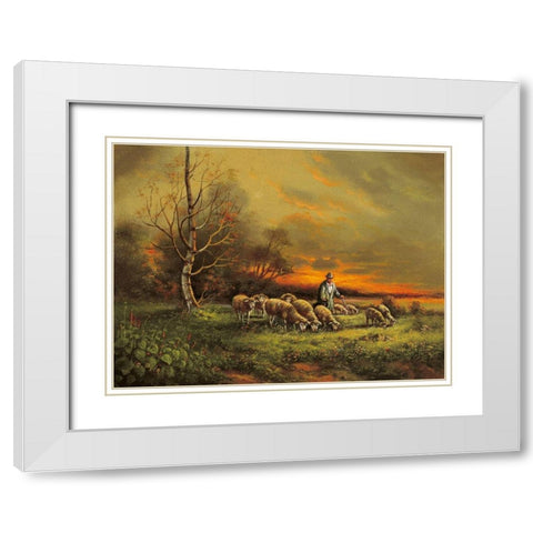 SHEEP SUNSET White Modern Wood Framed Art Print with Double Matting by Pila