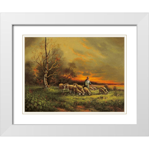 SHEEP SUNSET White Modern Wood Framed Art Print with Double Matting by Pila
