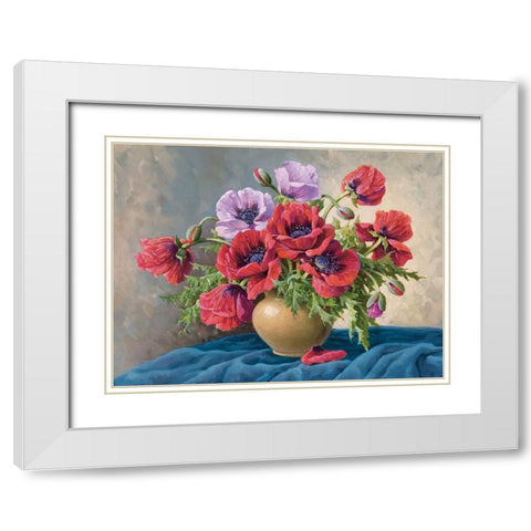 RED POPPIES ON BLUE CLOTH White Modern Wood Framed Art Print with Double Matting by Krueger, E.