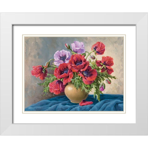 RED POPPIES ON BLUE CLOTH White Modern Wood Framed Art Print with Double Matting by Krueger, E.