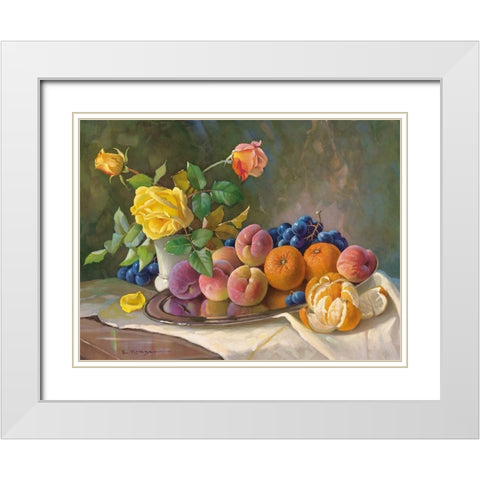 YELLOW ROSE AND FRUITS White Modern Wood Framed Art Print with Double Matting by Krueger, E.