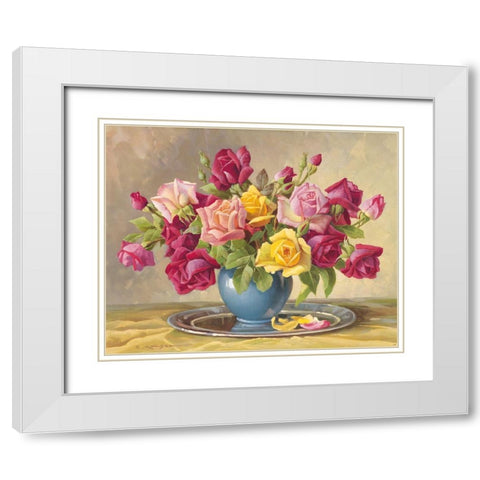 ROSES IN A BLUE VASE White Modern Wood Framed Art Print with Double Matting by Krueger, E.