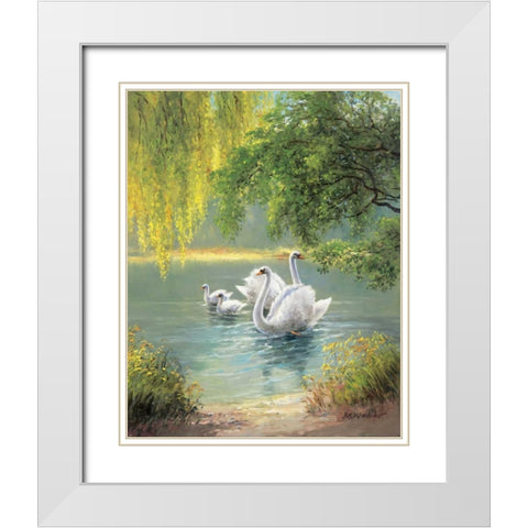 Swan Family II White Modern Wood Framed Art Print with Double Matting by Weber, Max