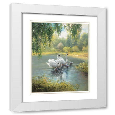 Swan Family I White Modern Wood Framed Art Print with Double Matting by Weber, Max
