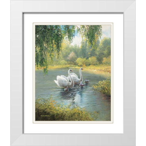 Swan Family I White Modern Wood Framed Art Print with Double Matting by Weber, Max