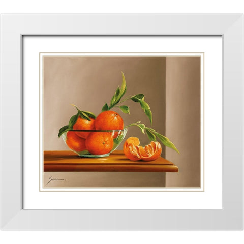 TANGERINES WITH GREEN White Modern Wood Framed Art Print with Double Matting by Schoelnhammer, Heinz