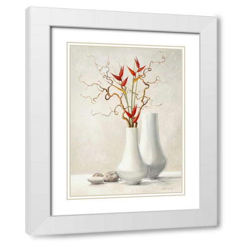 Willow Twigs With Red Flowers White Modern Wood Framed Art Print with Double Matting by van der Valk, Karin