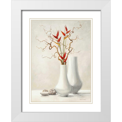 Willow Twigs With Red Flowers White Modern Wood Framed Art Print with Double Matting by van der Valk, Karin
