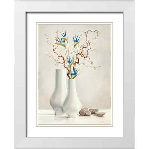 Willow Twigs With Blue Flowers White Modern Wood Framed Art Print with Double Matting by van der Valk, Karin