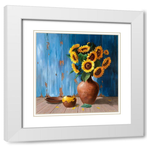 AGED WOOD AND SUNFLOWERS White Modern Wood Framed Art Print with Double Matting by v.d. Valk, Karin