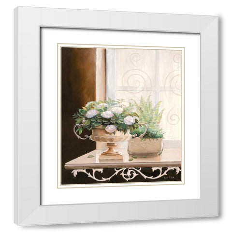 FLOWERS AT THE WINDOW I White Modern Wood Framed Art Print with Double Matting by v.d. Valk, Karin