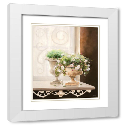 FLOWERS AT THE WINDOW II White Modern Wood Framed Art Print with Double Matting by v.d. Valk, Karin