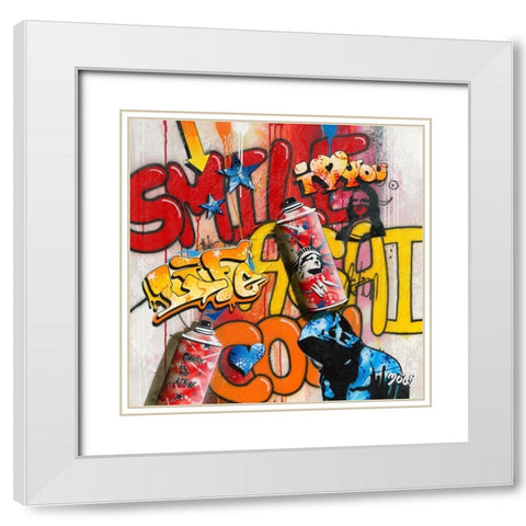 SMILE AGAIN GRAFFITY White Modern Wood Framed Art Print with Double Matting by Moega