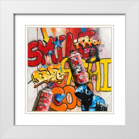 SMILE AGAIN GRAFFITY White Modern Wood Framed Art Print with Double Matting by Moega
