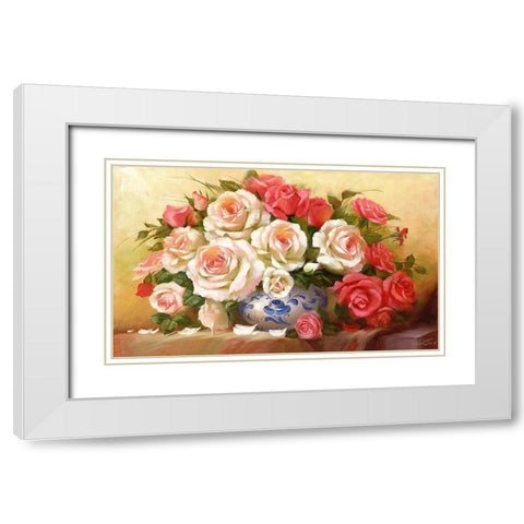 RED WHITE ROSES White Modern Wood Framed Art Print with Double Matting by Dvoretskiy, Petrovich