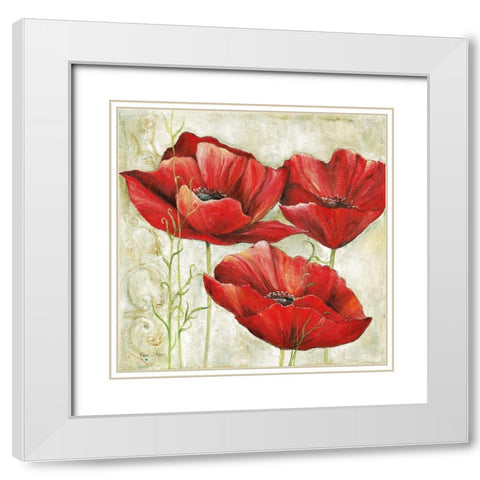 THREE RED POPPIES I White Modern Wood Framed Art Print with Double Matting by Field, Anna