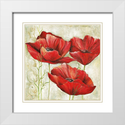 THREE RED POPPIES I White Modern Wood Framed Art Print with Double Matting by Field, Anna