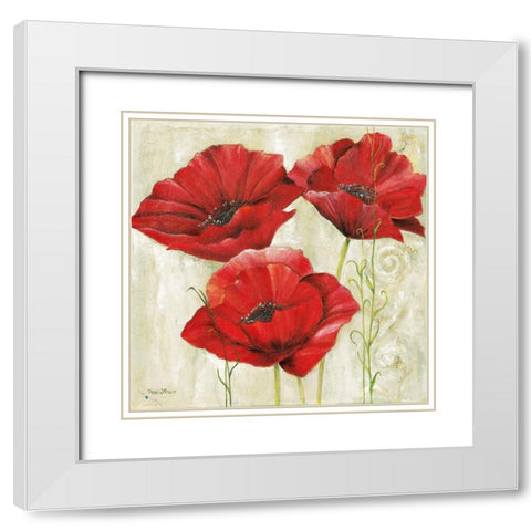 THREE RED POPPIES II White Modern Wood Framed Art Print with Double Matting by Field, Anna