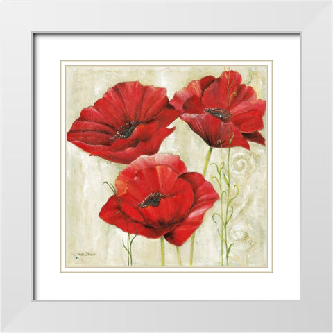 THREE RED POPPIES II White Modern Wood Framed Art Print with Double Matting by Field, Anna