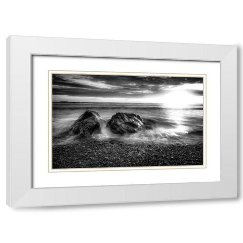 SUNSET OCEAN BW White Modern Wood Framed Art Print with Double Matting by Kostka, Vladimir