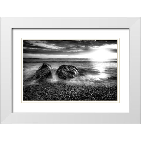 SUNSET OCEAN BW White Modern Wood Framed Art Print with Double Matting by Kostka, Vladimir