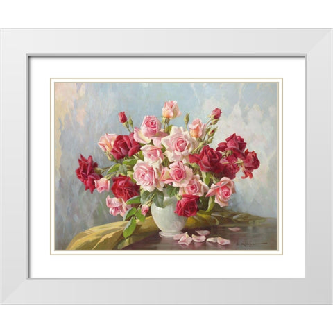 ANTIQUE ROSES White Modern Wood Framed Art Print with Double Matting by Krueger, E.