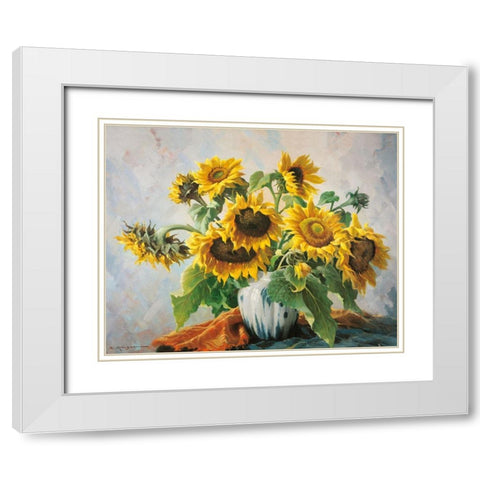 SUNFLOWERS White Modern Wood Framed Art Print with Double Matting by Krueger, E.