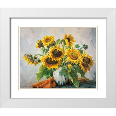 SUNFLOWERS White Modern Wood Framed Art Print with Double Matting by Krueger, E.