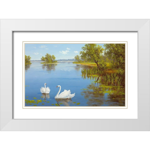SWANS ON THE LAKE White Modern Wood Framed Art Print with Double Matting by Slava