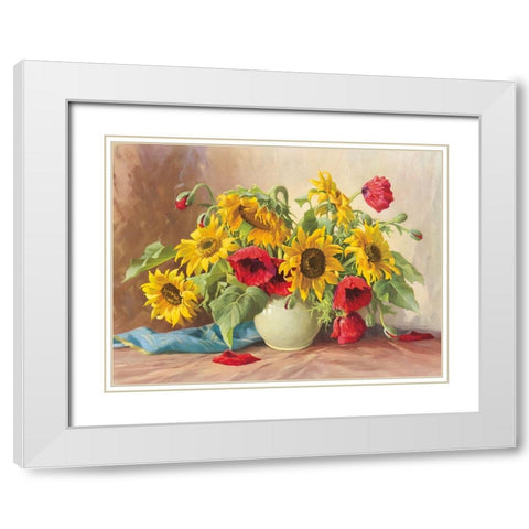 POPPIES AND SUNFLOWERS White Modern Wood Framed Art Print with Double Matting by Krueger, E.