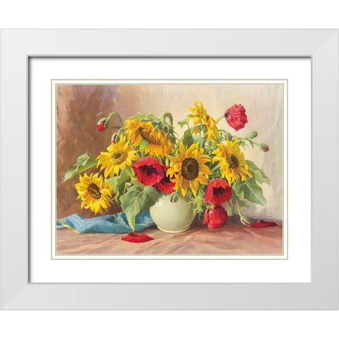 POPPIES AND SUNFLOWERS White Modern Wood Framed Art Print with Double Matting by Krueger, E.