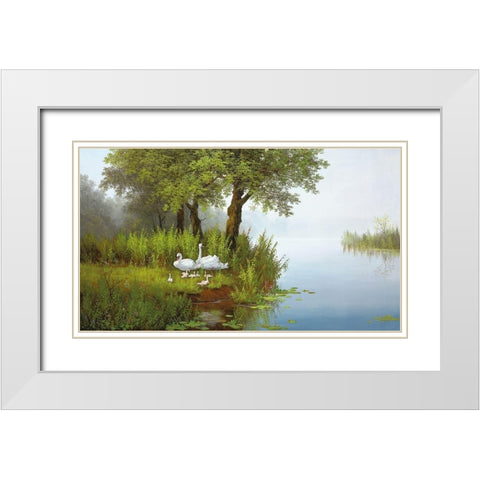 SWANS AT THE POND I White Modern Wood Framed Art Print with Double Matting by Slava