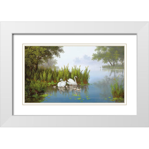 SWANS AT THE POND II White Modern Wood Framed Art Print with Double Matting by Slava