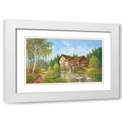Mill With Swans White Modern Wood Framed Art Print with Double Matting by Glassl, Helmut
