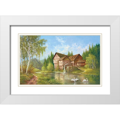 Mill With Swans White Modern Wood Framed Art Print with Double Matting by Glassl, Helmut
