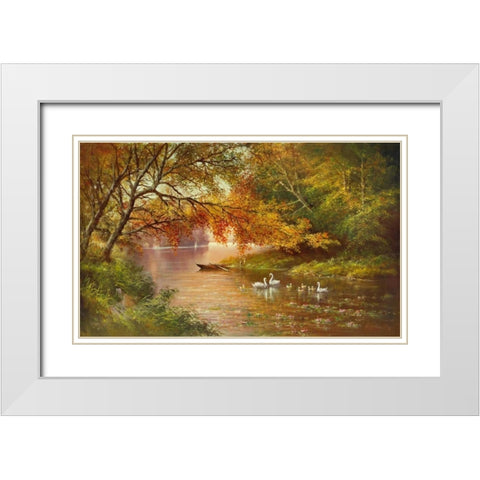 Swan Family In Autumn White Modern Wood Framed Art Print with Double Matting by Glassl, Helmut