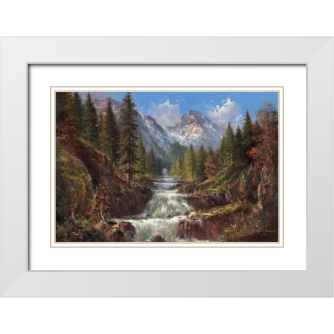 Waterfall In The Carpathians White Modern Wood Framed Art Print with Double Matting by Glassl, Helmut