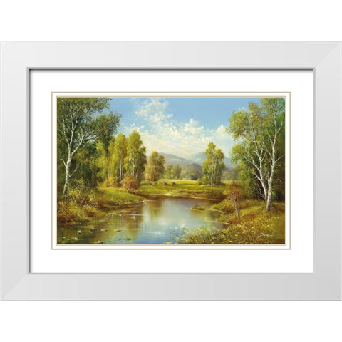 A RIVER Landscape White Modern Wood Framed Art Print with Double Matting by Buchner, H.