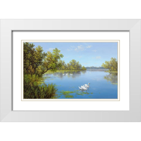 RIVER WITH SWANS II White Modern Wood Framed Art Print with Double Matting by Slava