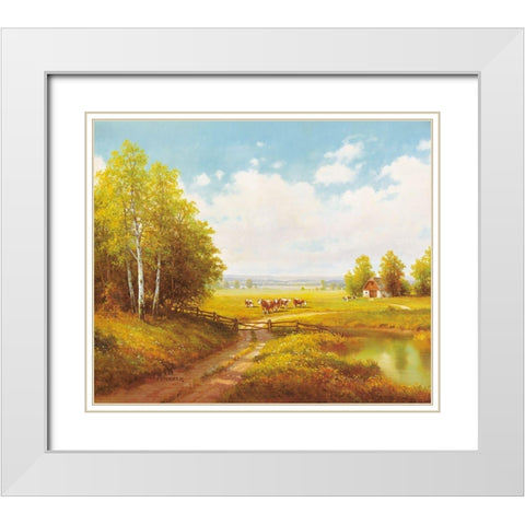 COWS AT PASTURE White Modern Wood Framed Art Print with Double Matting by Weber, Max