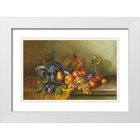 FRUITS AND A GLASS OF WINE White Modern Wood Framed Art Print with Double Matting by Pila