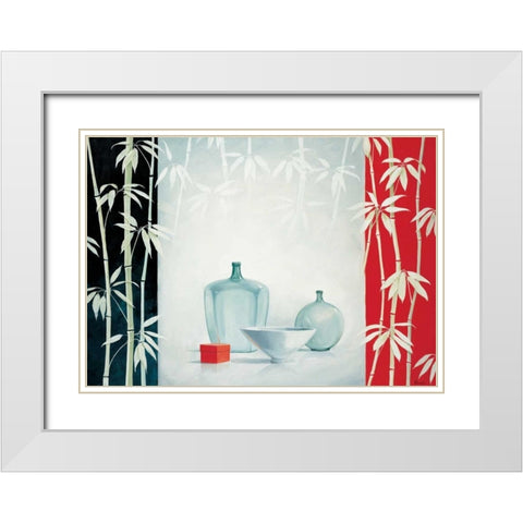 Bamboo and bowls I White Modern Wood Framed Art Print with Double Matting by Renee