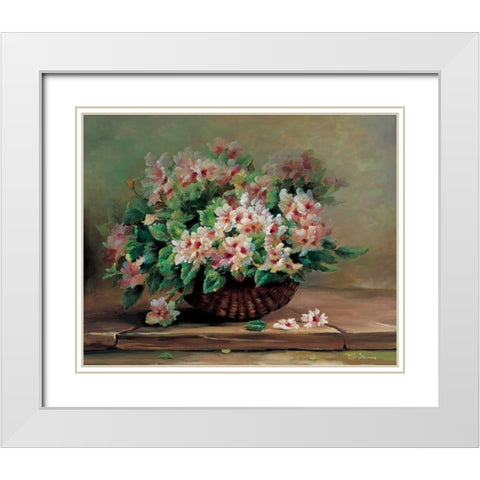Pink flowers in basket White Modern Wood Framed Art Print with Double Matting by Stevens, Jo